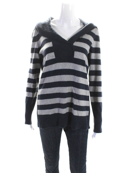 Joie Womens Gray Navy Striped Hooded Cashmere Pullover Sweater Top Size L