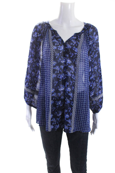 Joie Womens Silk Floral Print Spotted Long Sleeve Blouse Top Blue Size L