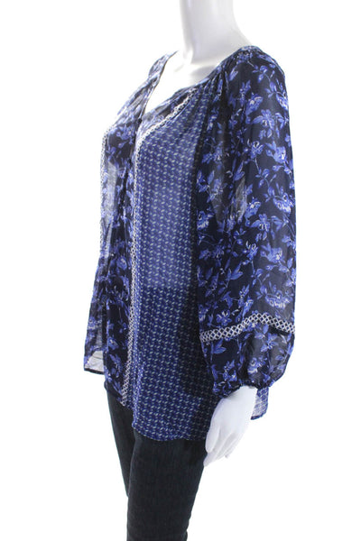 Joie Womens Silk Floral Print Spotted Long Sleeve Blouse Top Blue Size L