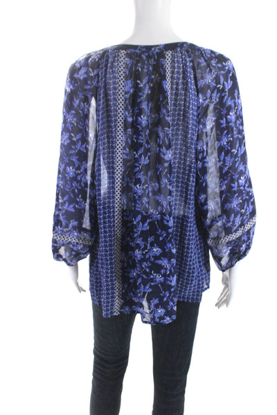 Joie Womens Silk Floral Print Spotted Long Sleeve Blouse Top Blue Size L