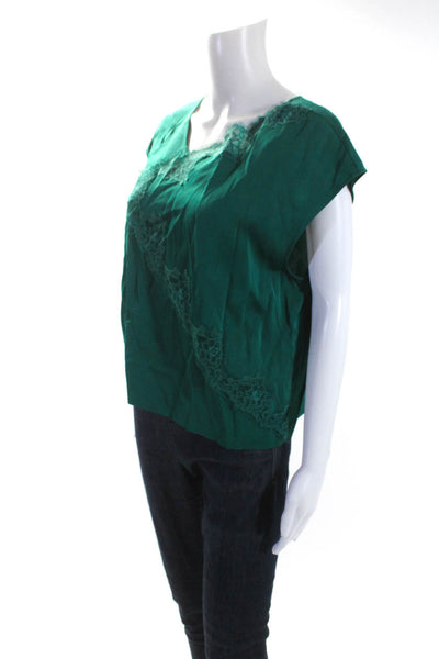 Tracy Reese Womens Floral Lace Trimmed V-Neck Blouse Tank Top Green Size L