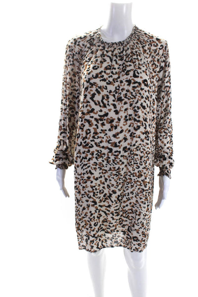 Cloth & Stone Womens Long Sleeve Crew Neck Leopard Dress White Brown Size Medium