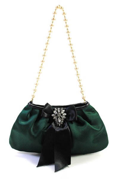 Violette Nozieres Satin Crystal Ribbon Bow Accent Snap Top Handle Handbag Green