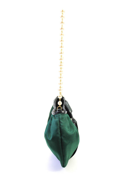 Violette Nozieres Satin Crystal Ribbon Bow Accent Snap Top Handle Handbag Green