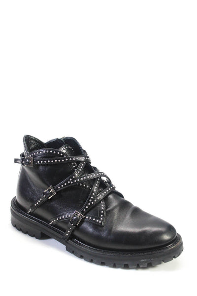 Alaia Womens Black Leather Studded Criss Cross Detail Ankle Boots Shoes Size 6.5