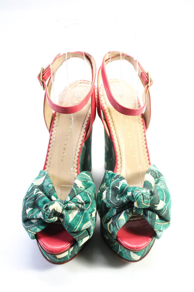 Charlotte Olympia Womens Platform Feather Printed Ankle Sandals Green Pink 37