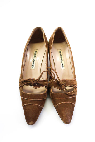 Manolo Blahnik Womens Brown Suede Tie Front Kitten Heels Pumps Shoes Size 7
