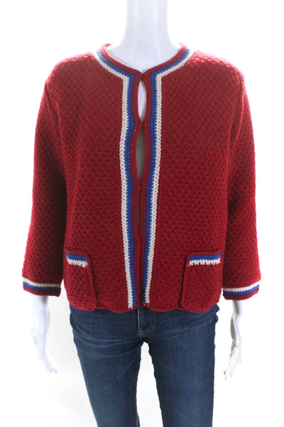 Frances Valentine Womens Button Front Striped Trim Crochet Knit Jacket Red Small