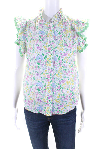 Manoush Womens Button Front Ruffled Cap Sleeve Floral Shirt White Multi EU 36