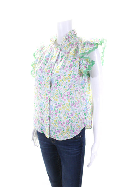 Manoush Womens Button Front Ruffled Cap Sleeve Floral Shirt White Multi EU 36