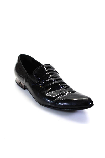 Gucci Mens Patent Leather Round Toe Embossed Block Heel Loafers Black Size 9.5