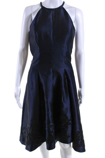 Carmen Marc Valvo Womens High Neck Floral Hem A-Line Dress Navy Blue Size 8