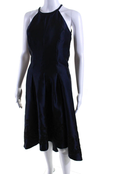 Carmen Marc Valvo Womens High Neck Floral Hem A-Line Dress Navy Blue Size 8