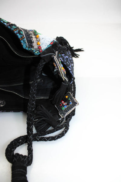Free People Womens Embroidered Beaded Tassel Strap Shoulder Handbag Multicolor