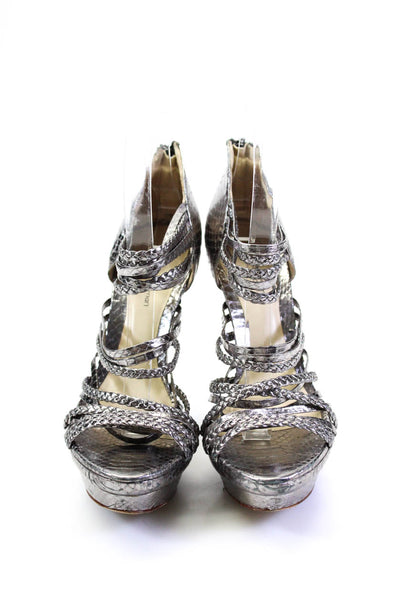 Alexandre Birman Womens Chrome Snakeskin Strappy Platform Sandals Silver Size 7
