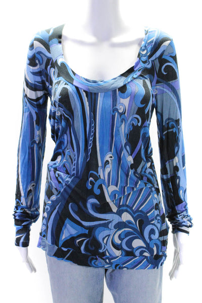 Emilio Pucci Womens Abstract Print Round Neck Long Sleeve Top Blue Size 14
