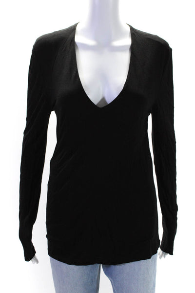 Donna Karan Womens Stretch V-Neck Long Sleeve Pullover Top Black Size M
