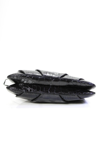 Judith Leiber Womens Croc Embossed Leather Pleated Shoulder Bag Purse Black