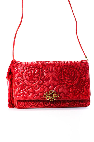 Judith Leiber Womens Embroidered Karung Leather Snap Closure Shoulder Bag Red