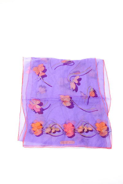 Salvatore Ferragamo Womens Floral Printed Logo Sheer Silk Scarf Dark Lavender