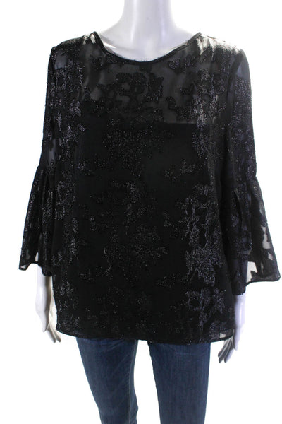 Bigio Collection Womens Metallic Fil Coupe 3/4 Sleeve Top Blouse Black Size 12