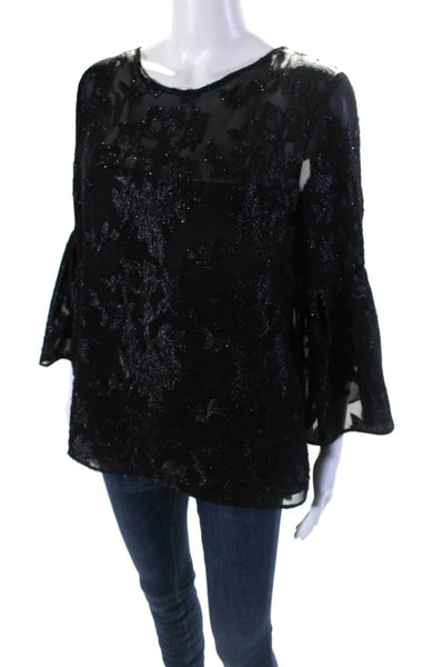 Bigio Collection Womens Metallic Fil Coupe 3/4 Sleeve Top Blouse Black Size 12