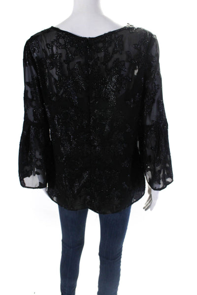 Bigio Collection Womens Metallic Fil Coupe 3/4 Sleeve Top Blouse Black Size 12