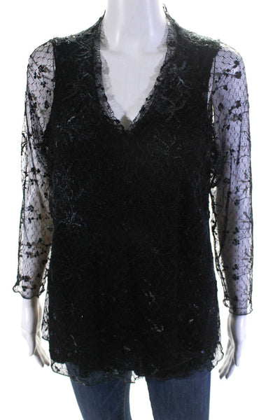 Carrie Me Womens Sequin Lace Mesh V Neck Long Sleeve Top Blouse Black Size Large