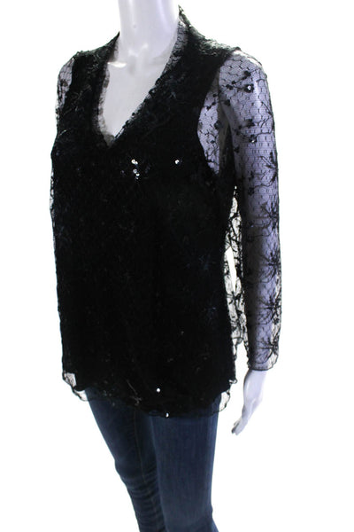 Carrie Me Womens Sequin Lace Mesh V Neck Long Sleeve Top Blouse Black Size Large