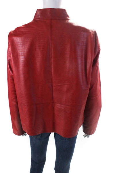 Lafayette 148 New York Womens Embossed Leather High Neck Snap Jacket Red Large