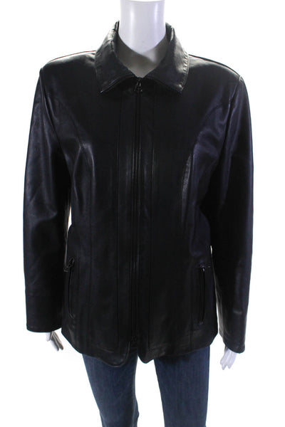 Simon B Collection Womens Collared Full Zip Leather Jacket Black Size IT 46