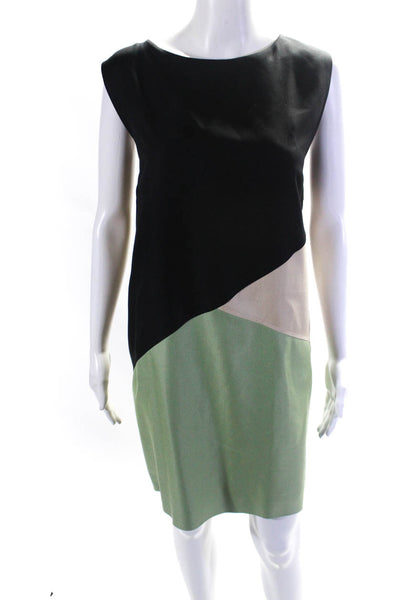 Les Copains Womens Color Block Sleeveless Sheath Dress Black Green Silk IT 48