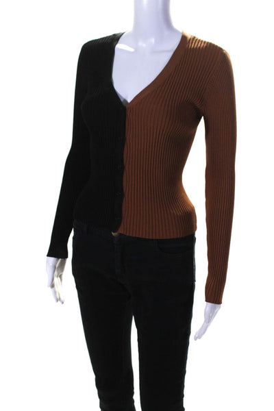 Staud Womens Ribbed V-Neck Buttoned Colorblock Long Sleeve Top Black Size S