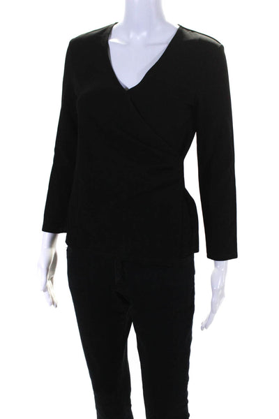 Theory Womens Long Sleeve V Neck Ruched Knit Top Shirt Black Size Medium