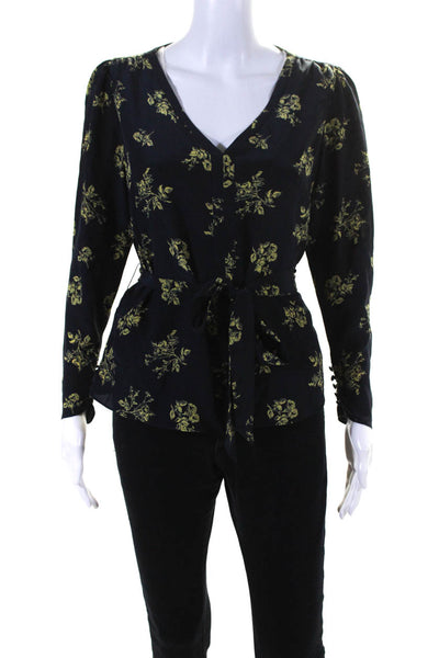 Cinq A Sept Womens Long Sleeve V Neck Floral Silk Shirt Navy Yellow Size Small
