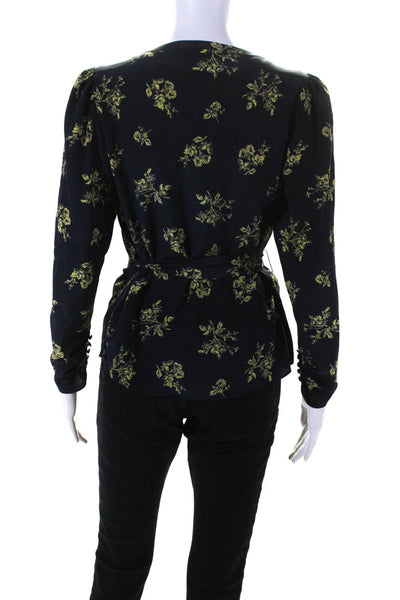 Cinq A Sept Womens Long Sleeve V Neck Floral Silk Shirt Navy Yellow Size Small