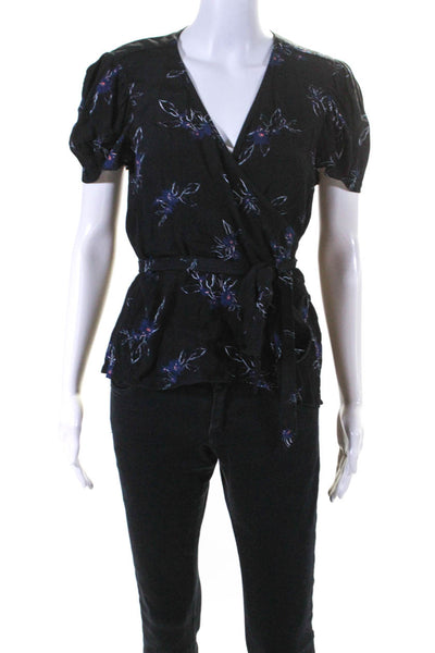 Parker Womens Short Sleeve V Neck Floral Wrap Top Blouse Black Blue Size Medium