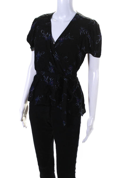 Parker Womens Short Sleeve V Neck Floral Wrap Top Blouse Black Blue Size Medium