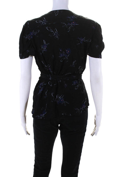 Parker Womens Short Sleeve V Neck Floral Wrap Top Blouse Black Blue Size Medium