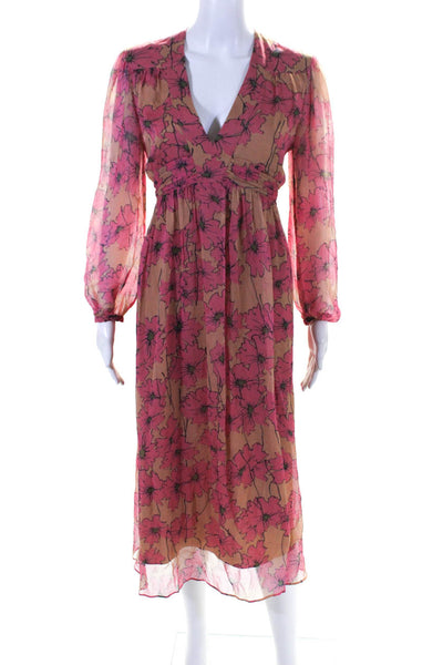 Joie Womens Long Sleeve Belted Floral Silk Chiffon Midi Dress Brown Pink Small