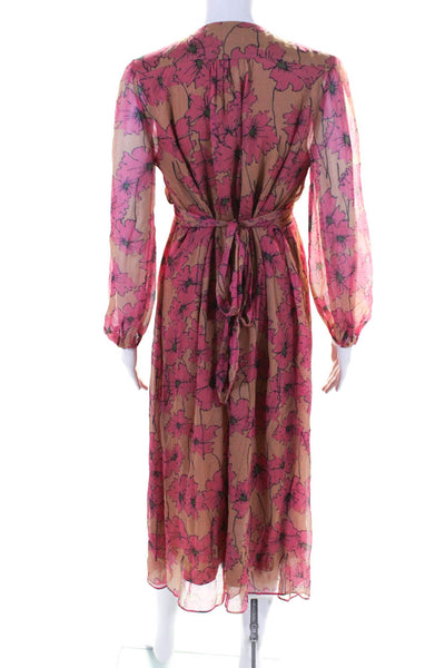 Joie Womens Long Sleeve Belted Floral Silk Chiffon Midi Dress Brown Pink Small