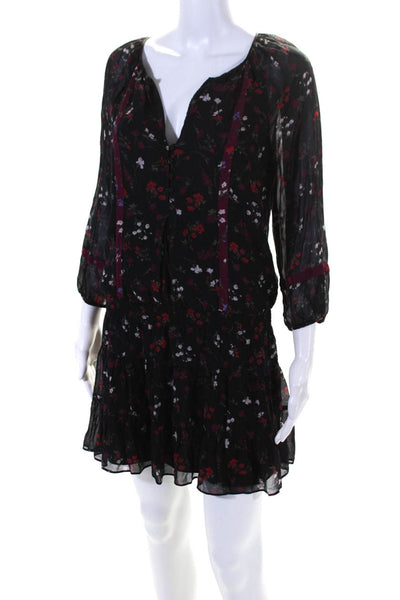 Joie Womens 3/4 Sleeve V Neck Smocked Floral Silk Dress Black Red Purple Size XS
