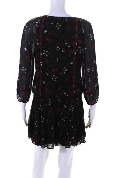 Joie Womens 3/4 Sleeve V Neck Smocked Floral Silk Dress Black Red Purple Size XS