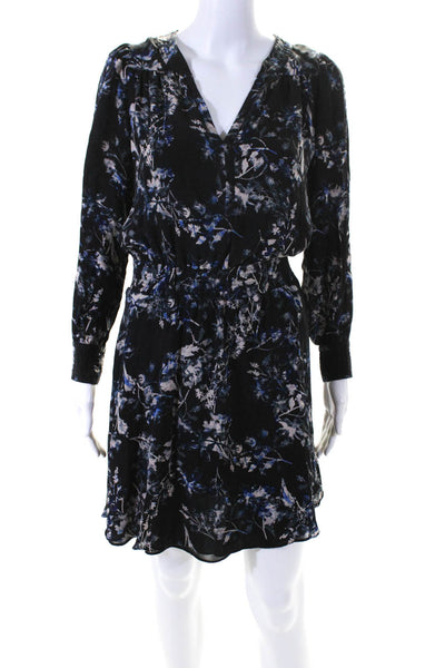 Parker Womens Long Sleeve V Neck Smocked Waist Silk Floral Dress Black Size XS