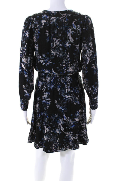 Parker Womens Long Sleeve V Neck Smocked Waist Silk Floral Dress Black Size XS