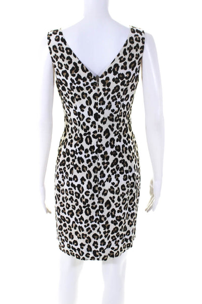 Nicole Miller Womens Back Zip V Neck Leopard Dress White Brown Black Silk Size 4