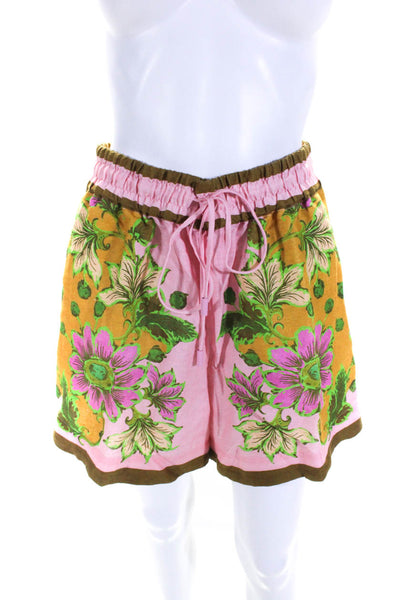 Alemais Womens Drawstring High Rise Linen Floral Shorts Pink Brown Size 6