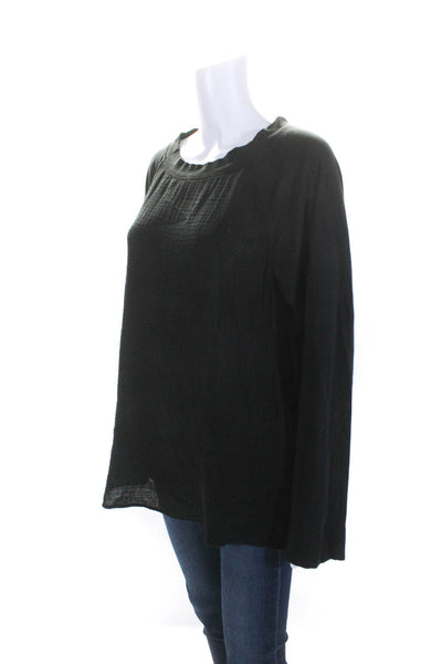 Raquel Allegra Womens Cotton Textured Round Neck Long Sleeve Blouse Black Size 3