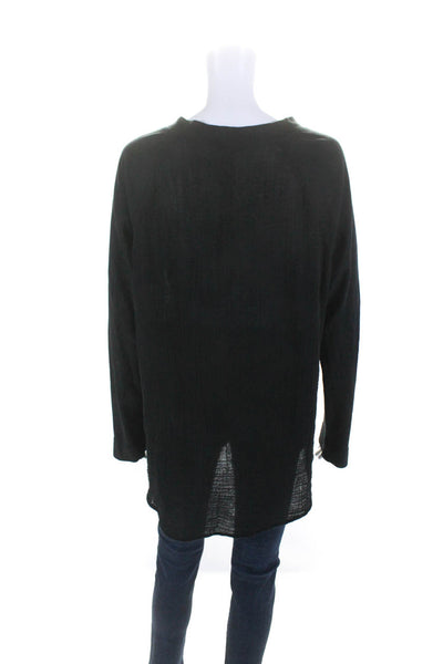 Raquel Allegra Womens Cotton Textured Round Neck Long Sleeve Blouse Black Size 3