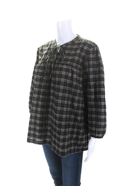 Barbour Womens Check Print Striped Tied V-Neck Bishop Sleeve Top Brown Size 12